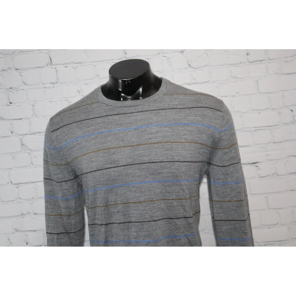 Banana Republic Sweater Mens XL Gray Striped Merino Wool Crew Neck Long Sleeve